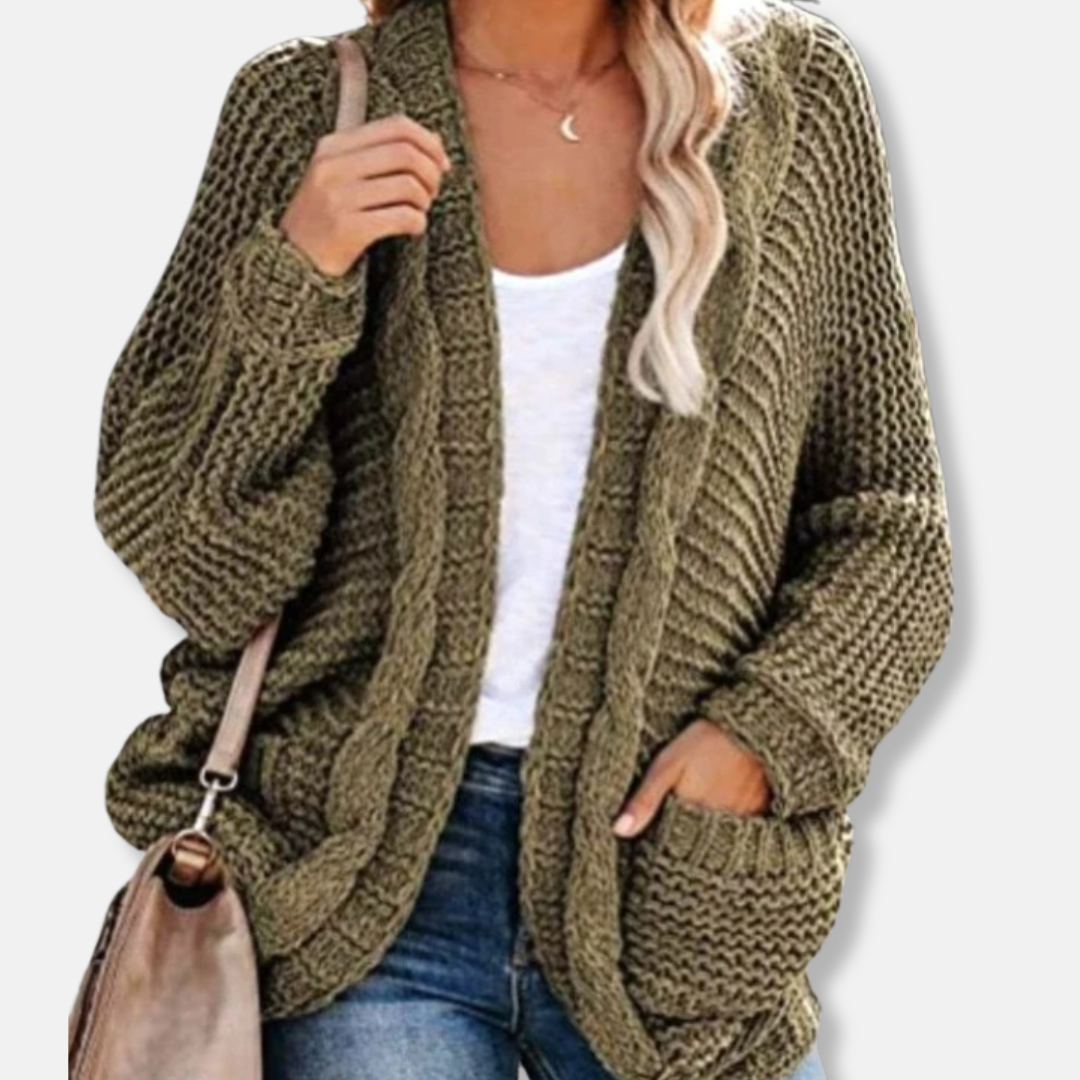 Isla Wool Oversized Cardigan | Ribbed Open Front Pockets Cardigan