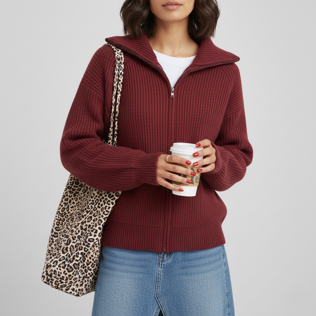 Women's Cardigan – Slim Fit – Ribbed Knit – High Collar – Zipper Closure