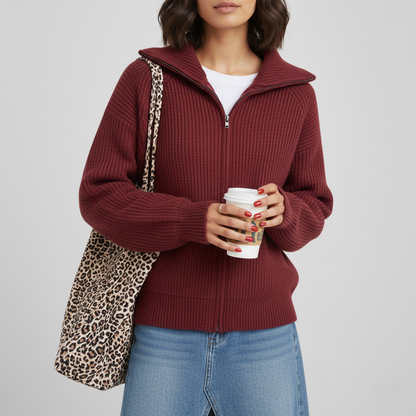 Women's Cardigan – Slim Fit – Ribbed Knit – High Collar – Zipper Closure