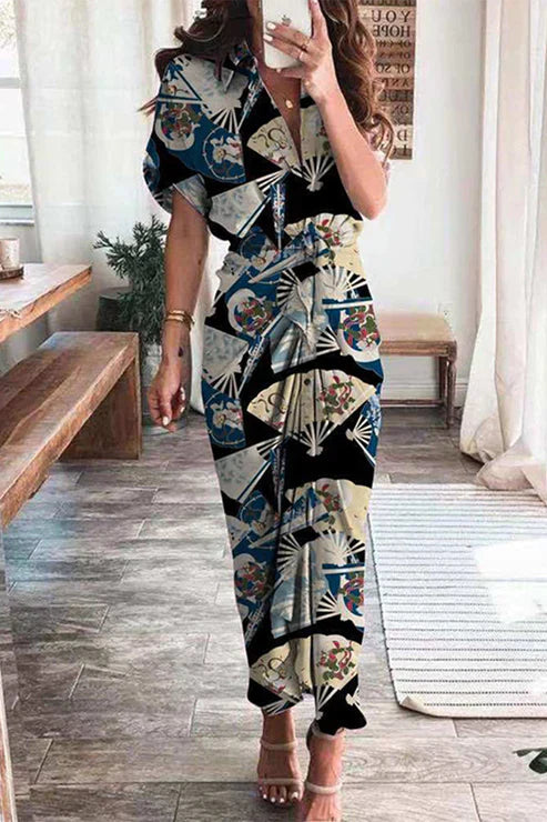 Dame Maxikjole – Kort Ærme – Skjortekrave – Boheme Patchwork – Talje med Knude