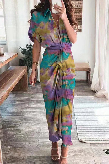 Dame Maxikjole – Kort Ærme – Skjortekrave – Boheme Patchwork – Talje med Knude
