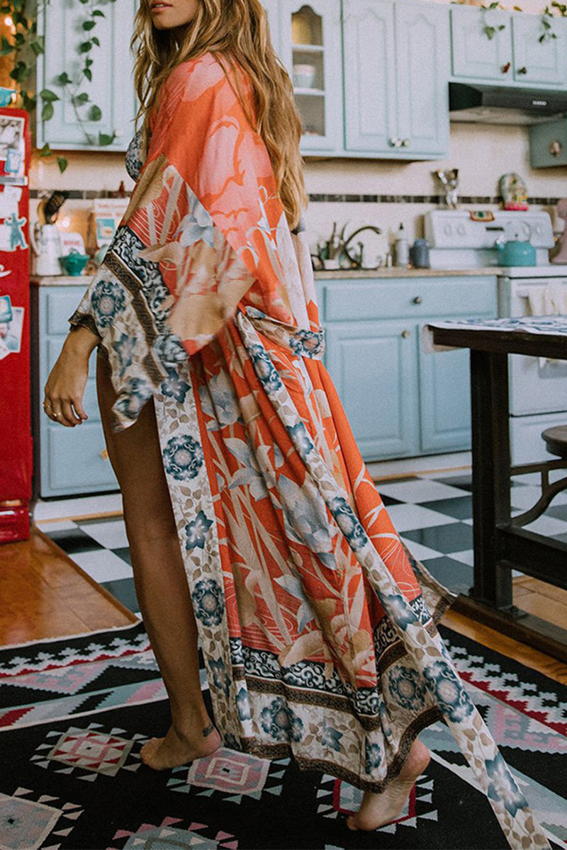 Women's Kimono Cover-Up – Loose Fit – Lightweight and Breathable – Floral Pattern – Waistband