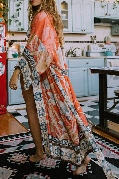 Women's Kimono Cover-Up – Loose Fit – Lightweight and Breathable – Floral Pattern – Waistband