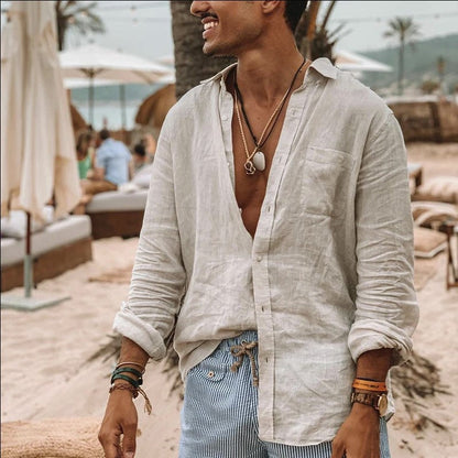 Men's Shirt with Long Sleeves – Relaxed Fit – Breathable Natural Material – Button Closure