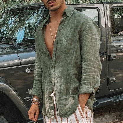 Men's Shirt with Long Sleeves – Relaxed Fit – Breathable Natural Material – Button Closure
