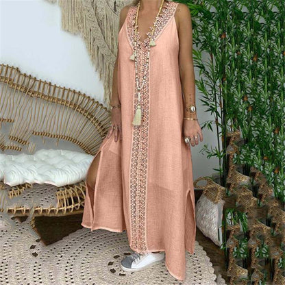 Women's Maxi Dress – Loose Fit – Lace Details – Breathable Lightweight Material – Slit
