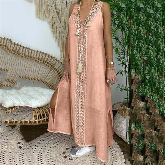 Women's Maxi Dress – Loose Fit – Lace Details – Breathable Lightweight Material – Slit