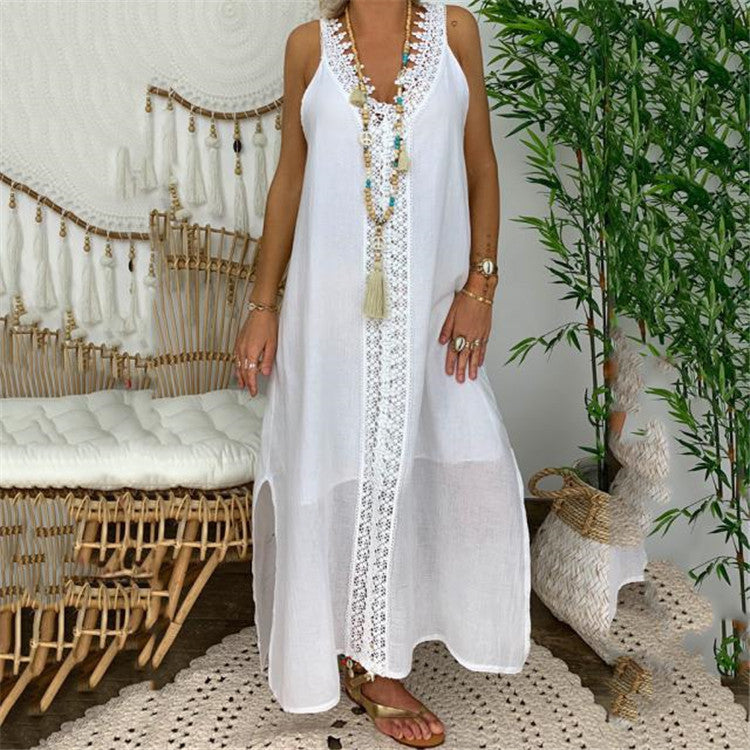 Women's Maxi Dress – Loose Fit – Lace Details – Breathable Lightweight Material – Slit