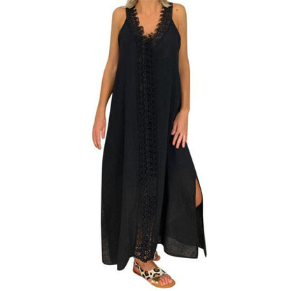 Women's Maxi Dress – Loose Fit – Lace Details – Breathable Lightweight Material – Slit