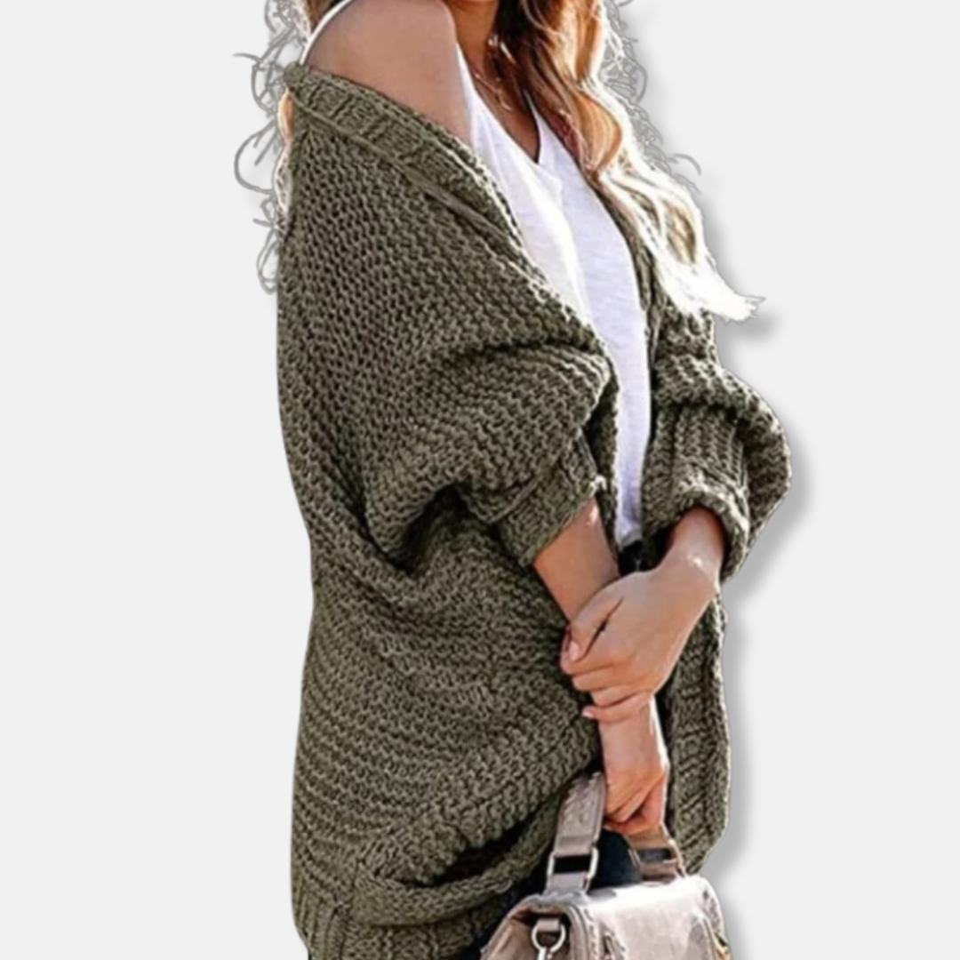 Isla Wool Oversized Cardigan | Ribbed Open Front Pockets Cardigan