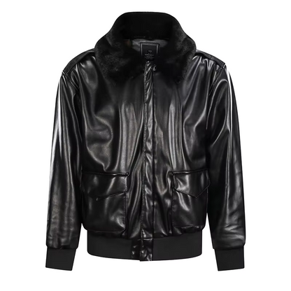 Men's Leather Jacket – Regular Fit – Zipper – Flap Pockets – Ribbed Cuffs – Fur Collar