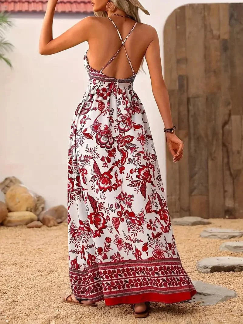 Dame Maxi Kjole - Boheme Stil - V-Hals - Let og Luftig - Blomstret Print