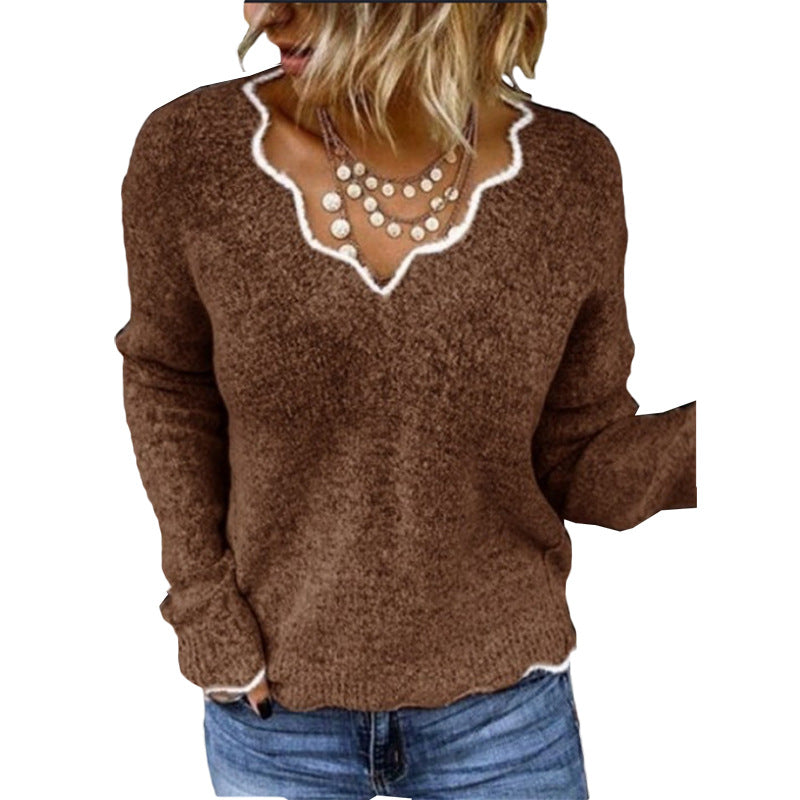 Women's Sweater – Relaxed Fit – Soft Knit – Scallop Round Neck – Long-Sleeved