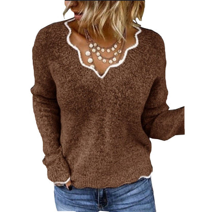 Women's Sweater – Relaxed Fit – Soft Knit – Scallop Round Neck – Long-Sleeved