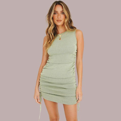 Women's Mini Dress - Bodycon Fit - Sleeveless - Ruched Design with Adjustable Sides