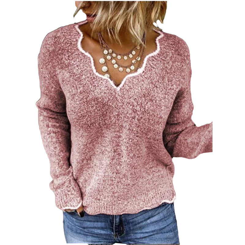 Women's Sweater – Relaxed Fit – Soft Knit – Scallop Round Neck – Long-Sleeved