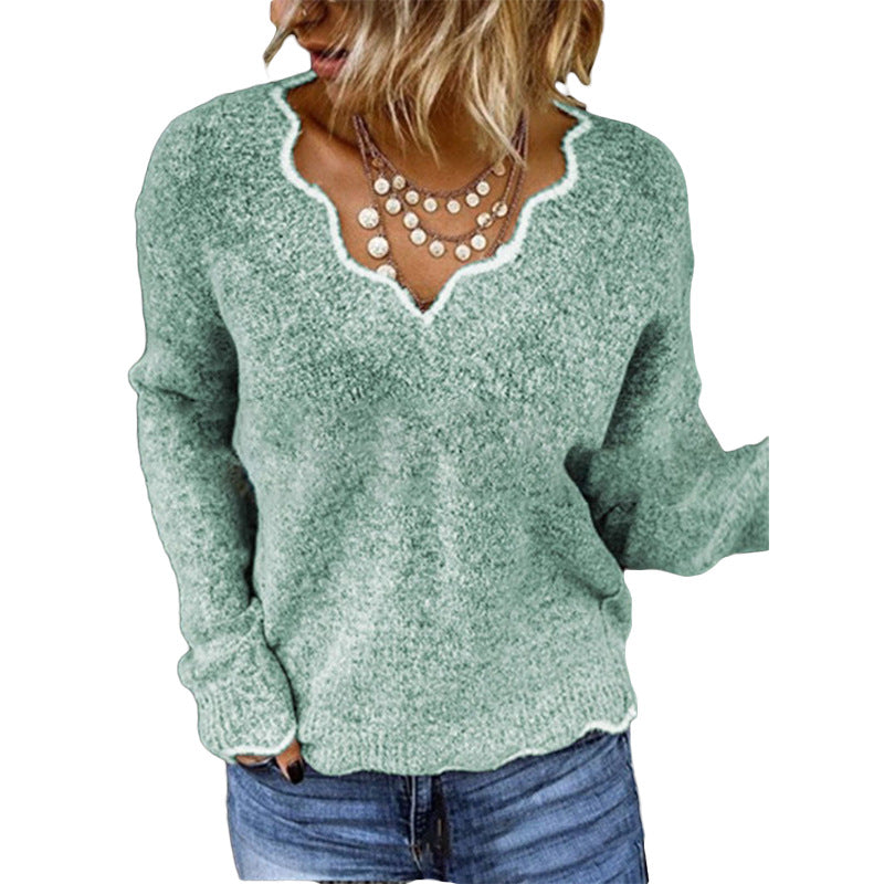 Women's Sweater – Relaxed Fit – Soft Knit – Scallop Round Neck – Long-Sleeved
