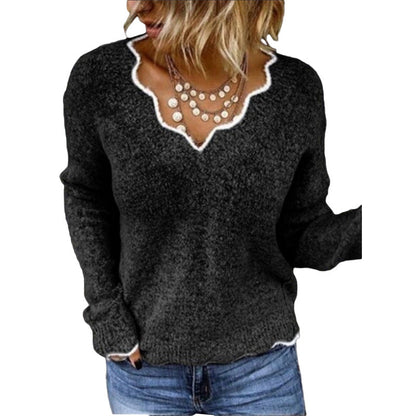 Women's Sweater – Relaxed Fit – Soft Knit – Scallop Round Neck – Long-Sleeved