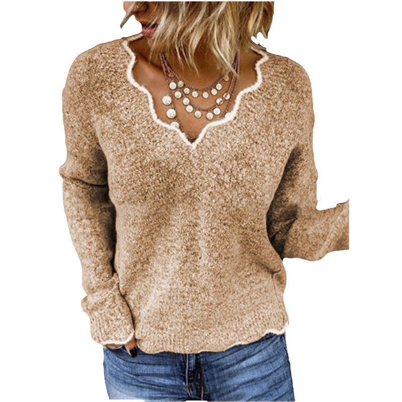 Women's Sweater – Relaxed Fit – Soft Knit – Scallop Round Neck – Long-Sleeved