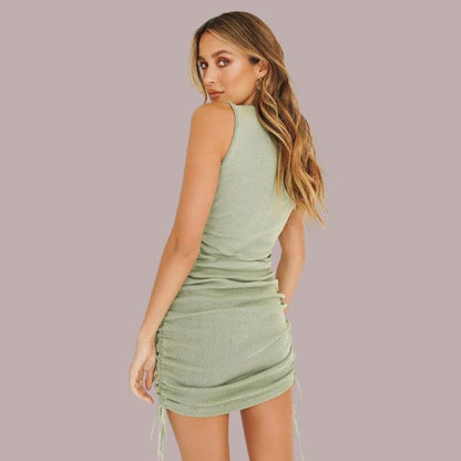 Women's Mini Dress - Bodycon Fit - Sleeveless - Ruched Design with Adjustable Sides