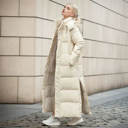 Women’s Puffer Coat - Quilted Synthetic - Oversized Fit - Full Length - Hooded High Collar