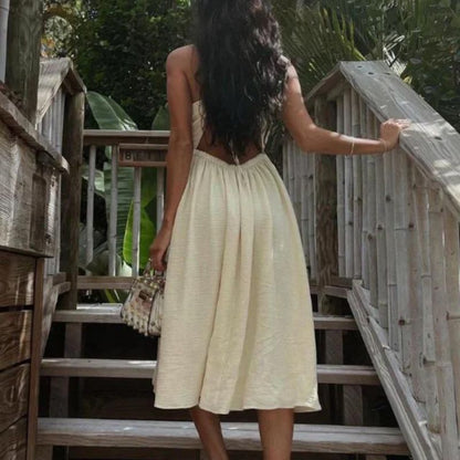 Women's Maxi Dress - Halterneck with Tie - A-Line with Cutout and Side Slit