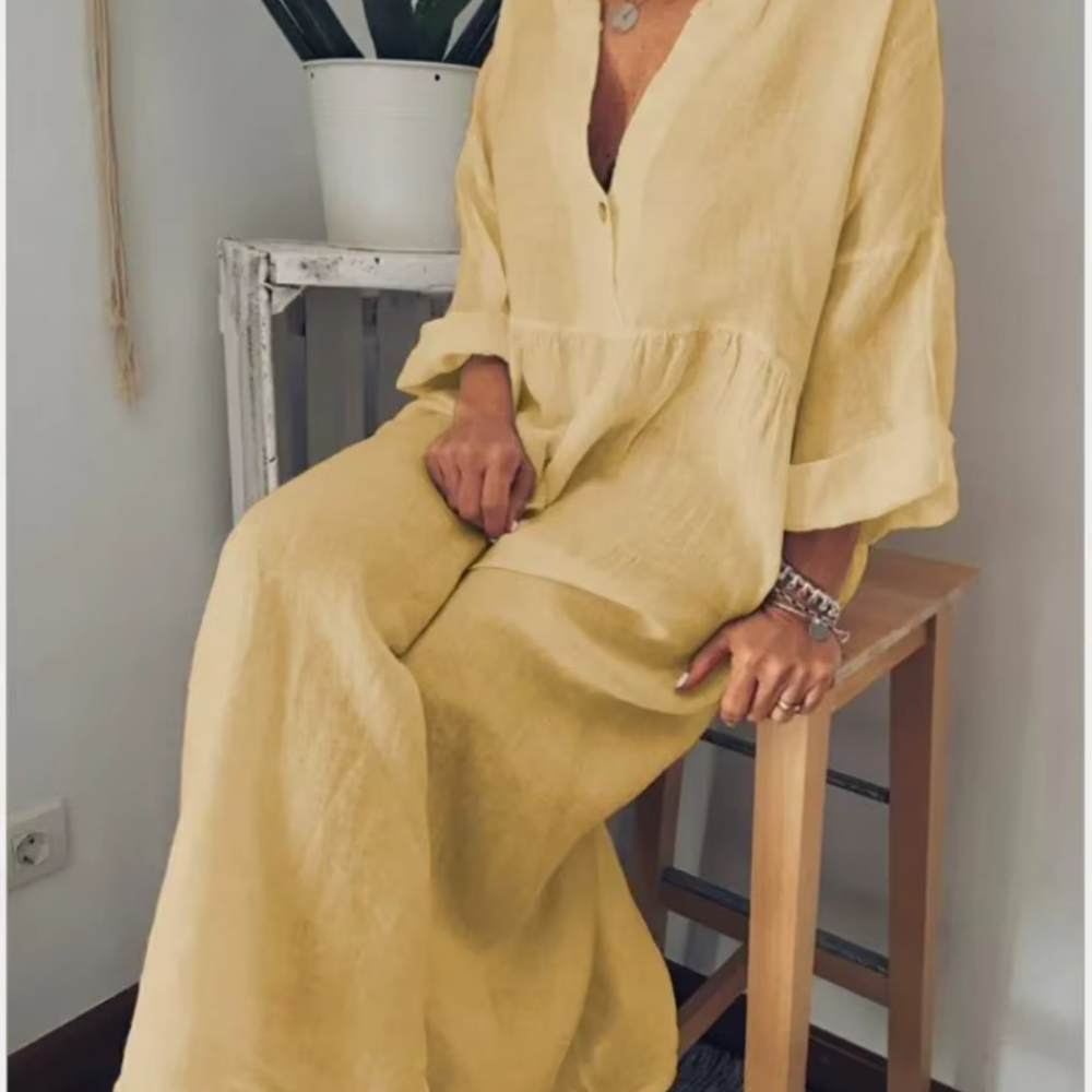 Women's Maxi Dress – Relaxed Fit – Airy Silhouette – Cotton-like Comfort – Button Closure