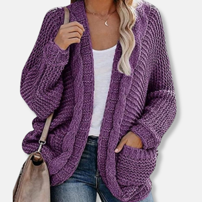 Isla Wool Oversized Cardigan | Ribbed Open Front Pockets Cardigan