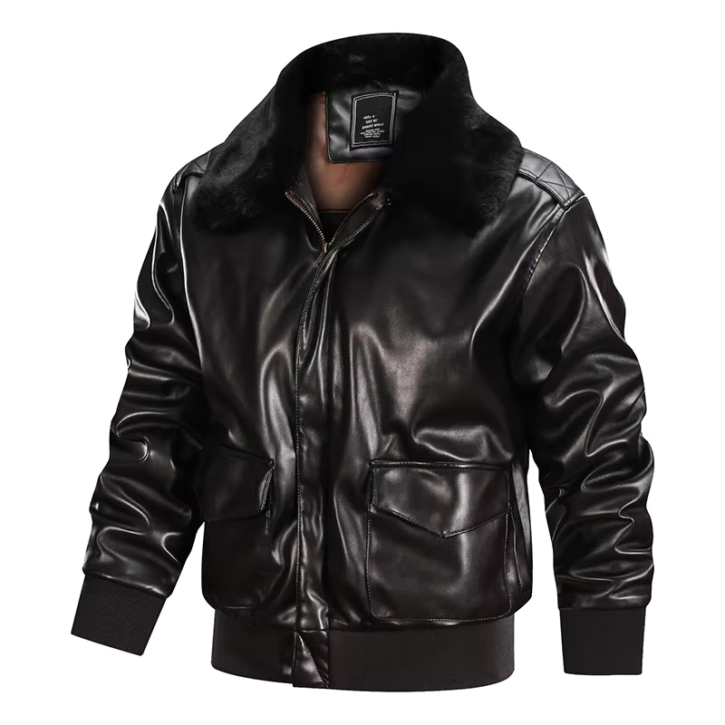 Men's Leather Jacket – Regular Fit – Zipper – Flap Pockets – Ribbed Cuffs – Fur Collar