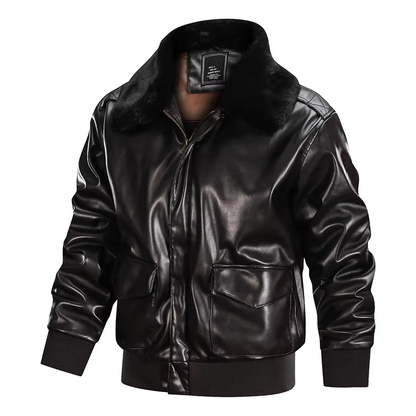 Men's Leather Jacket – Regular Fit – Zipper – Flap Pockets – Ribbed Cuffs – Fur Collar