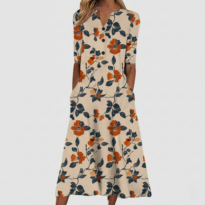 Women's Dress - Floral Print Midi - Half Sleeve - Button Front