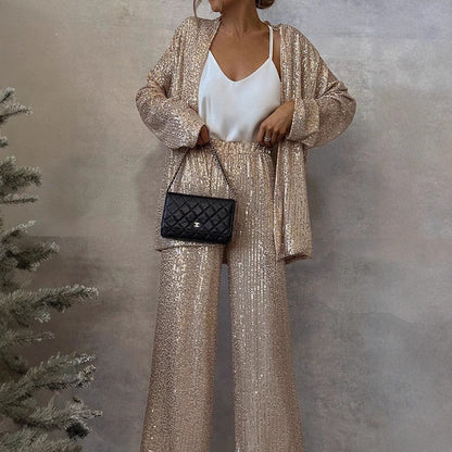Isla Sequin Embellished Blazer Jacket and High-Waist Wide Leg Trousers Two-Piece Set | Relaxed Fit Open Front Jacket Party Trousers