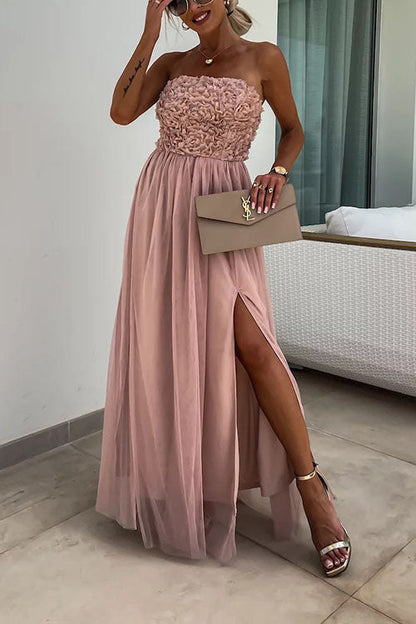 Women's Maxi Dress – Strapless Textured Bodice – Elegant Slit – Light Skirt