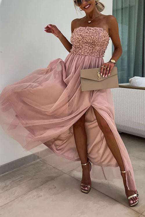 Women's Maxi Dress – Strapless Textured Bodice – Elegant Slit – Light Skirt