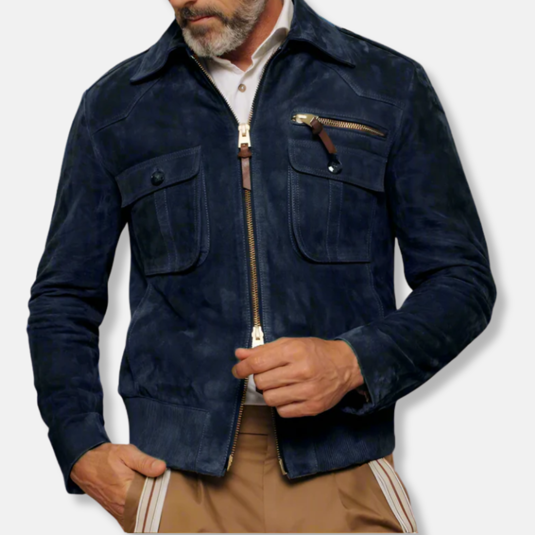 James Tailored Jacket | Collared Hip-Length Leather Trim Jacket