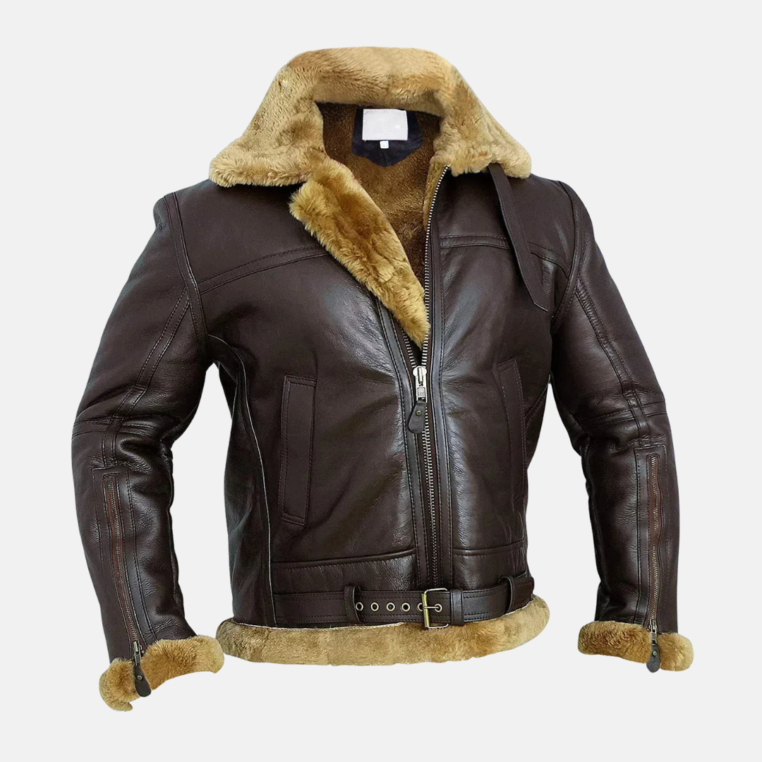 Men's Bomber Jacket – Oversized Fit – Leather Look – Lined with Shearling – Belted Collar