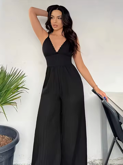 Women's Jumpsuit - V-neck - Sleeveless - Spaghetti Straps - Wide Leg Fit