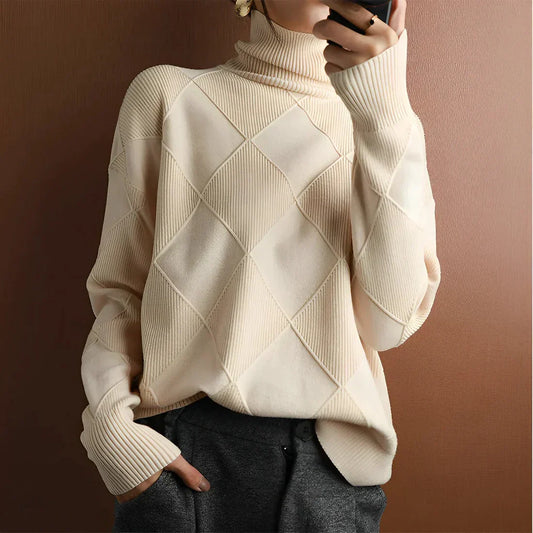 Women's Pullover Sweater – Oversize Fit – High Neck – Ribbed Knit Structure