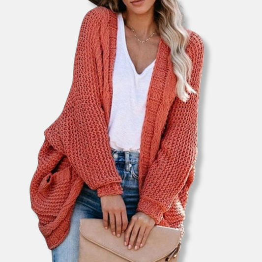 Isla Wool Oversized Cardigan | Ribbed Open Front Pockets Cardigan