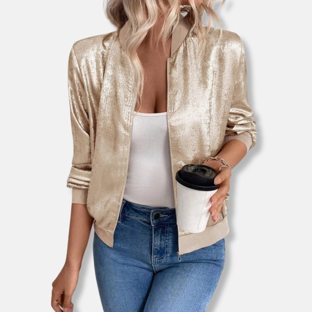 Women's Bomber Jacket – Shiny Satin Look – Relaxed Fit – Ribbed Edges – Zipper