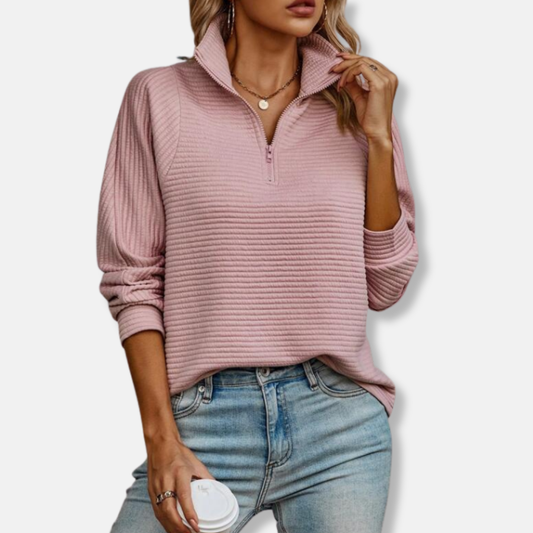 Women's Pullover Sweater - Ribbed Texture - Half Zipper - Long-Sleeved Comfortable Everyday Style