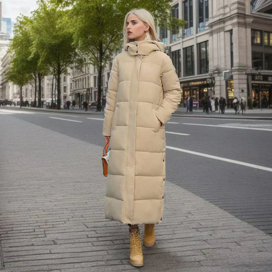 Women’s Puffer Coat - Quilted Synthetic - Oversized Fit - Full Length - Hooded High Collar