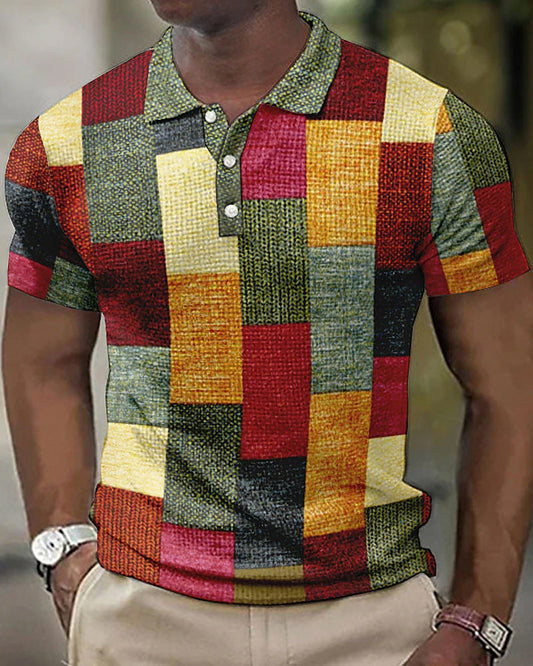 Men's Polo Shirt – Slim Fit – Soft Knit – Patchwork Design – Button Closure Casual