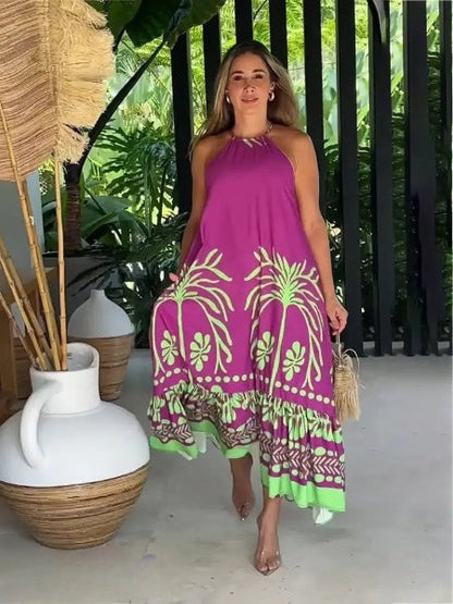 Women's Dress - Sleeveless A-Line - Halterneck - Ruched Hem - Tropical Floral Pattern