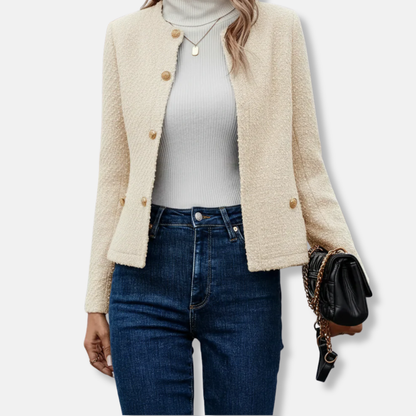 Isabella Wool Tailored Fit Tweed Jacket | Round Neck Button Front Jacket