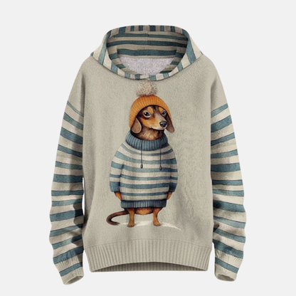 Women's Hoodie – Loose Fit – Soft Fleece – Dog Motif – Striped Sleeves