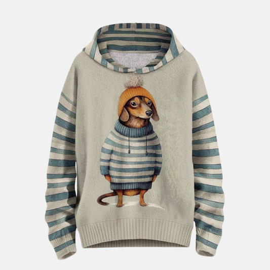 Women's Hoodie – Loose Fit – Soft Fleece – Dog Motif – Striped Sleeves