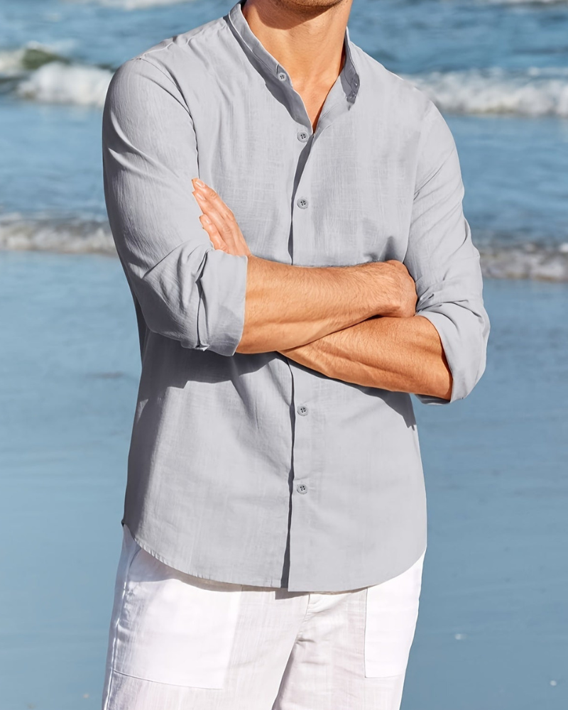 Men's Shirt with Buttons – Relaxed Fit – Natural Fibers – Mandarin Collar – Long Sleeves