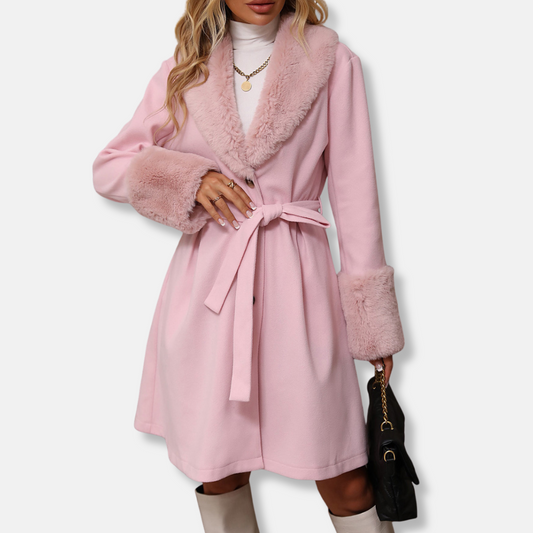 Women's Trench Coat – Tailored Fit – Wool Texture – Belt – Fur Collar and Cuffs