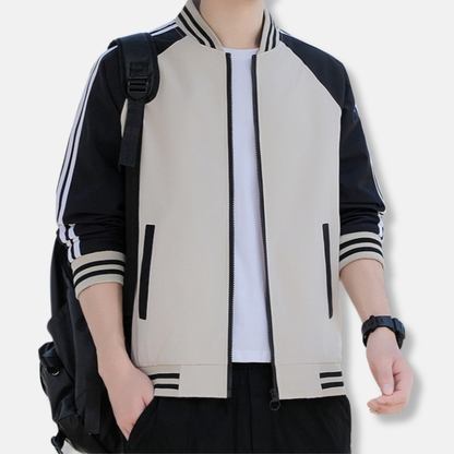 Men's Bomber Jacket – Relaxed Fit – Breathable Lightweight Fabric – Ribbed Trims – Striped Sleeves